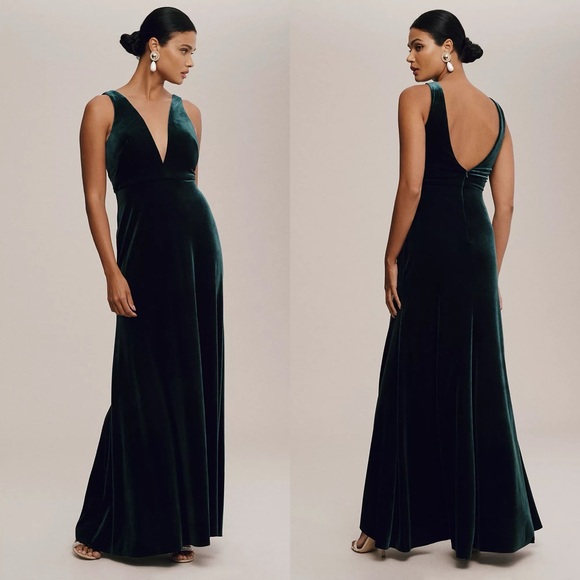 New Anthropologie Jenny Yoo Logan Deep V Velvet Column Gown - Picture 1 of 9